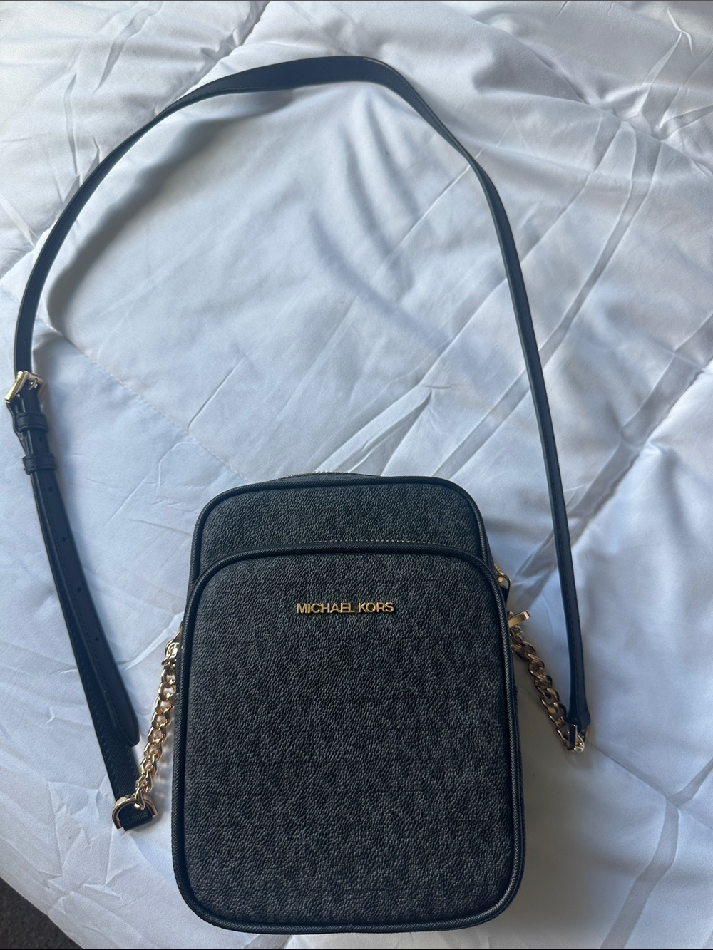 Michael Kors Black Pebbled Crossbody with Gold Chain Accents
